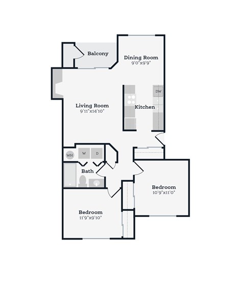 Floor plan for 2 beds, 1 bath, 900 sqft